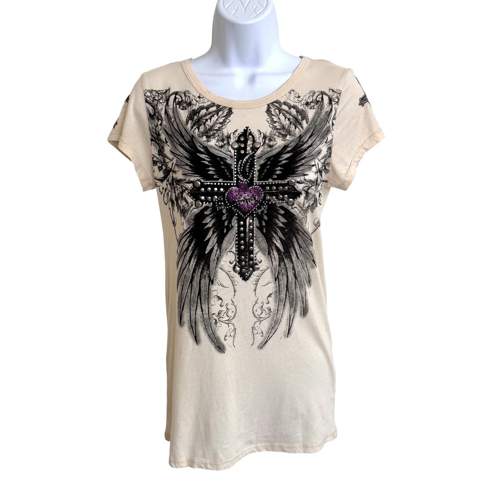 Womens Graphic T-Shirt Cross Angel Wings Bling Short Sleeve Crew Neck Y2K L